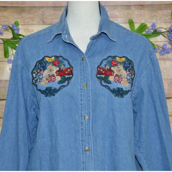 Vintage Quizz Again Cotton Denim Button Up Shirt Size M Embroidered Christmas - Picture 2 of 9
